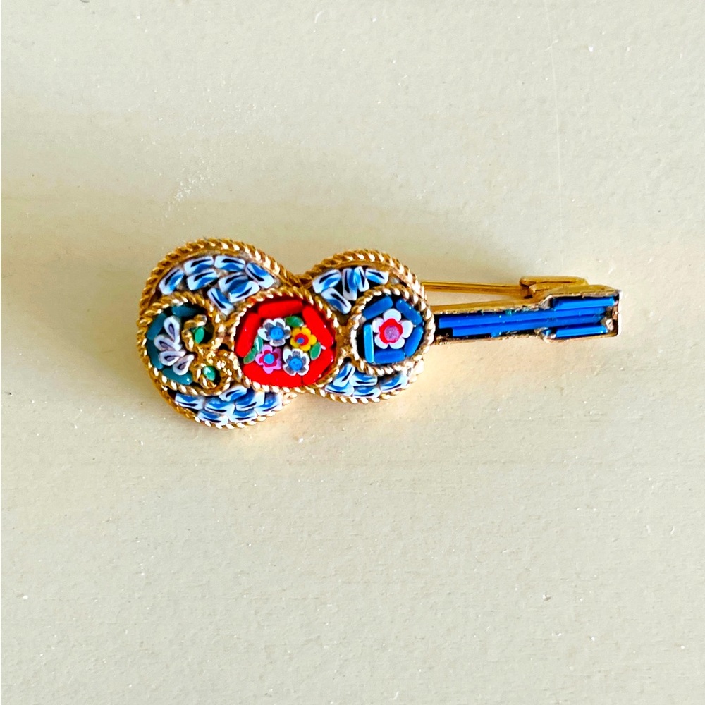Vintage Micro Mosiac Guitar Brooch Pin Italy